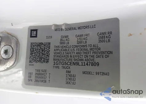 2020 GMC Canyon 2Wd Short Box Sle из США, поврежденный, VIN 1GTG5CEN9L1147809